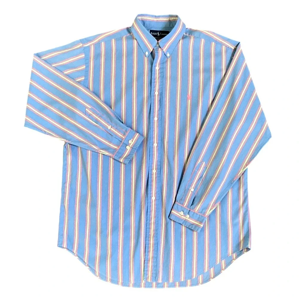Ralph Lauren Classic Fit Blue Multicolor Stripe Button Down Shirt Mens 16.5 L
